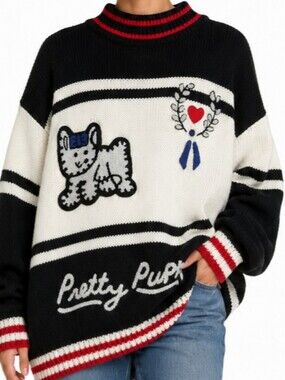 Black & White 'Pretty Pups' Knit Sweater with Embroidered Puppy